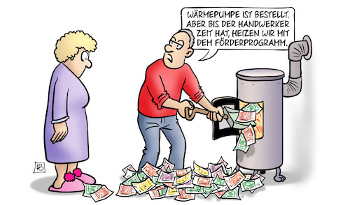 Cartoon: Heizungstausch-Förderung (medium) by Harm Bengen tagged wärmepumpe,handwerker,förderprogramm,heizen,ofen,feuer,geld,habeck,heizungstausch,klimawandel,harm,bengen,cartoon,karikatur,wärmepumpe,handwerker,förderprogramm,heizen,ofen,feuer,geld,habeck,heizungstausch,klimawandel,harm,bengen,cartoon,karikatur