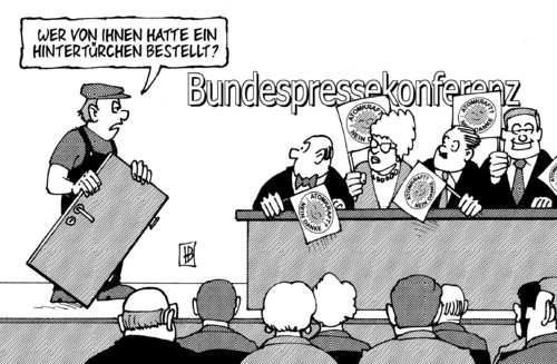 Cartoon: Hintertürchen (medium) by Harm Bengen tagged hintertürchen,hintertür,pressekonferenz,bundespressekonferenz,regierung,bundesregierung,cdu,csu,fdp,ethikkommission,fukushima,ausstieg,moratorium,atom,kernkraft,akw,atomkraft