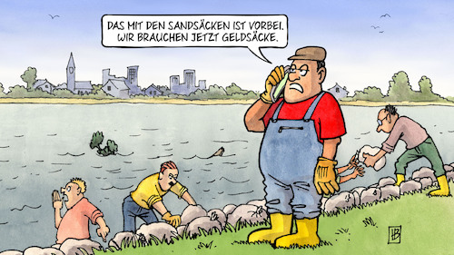 Cartoon: Hochwasserschäden (medium) by Harm Bengen tagged sandsäcke,geldsäcke,hochwasser,hochwasserschäden,regen,klimawandel,harm,bengen,cartoon,karikatur,sandsäcke,geldsäcke,hochwasser,hochwasserschäden,regen,klimawandel,harm,bengen,cartoon,karikatur