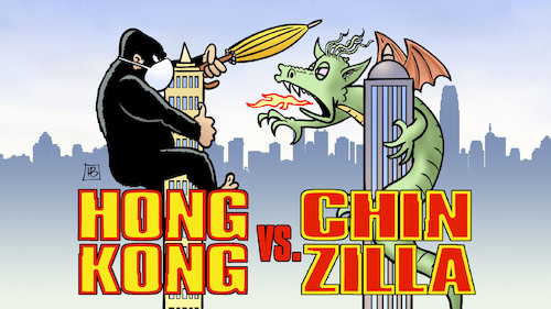 Cartoon: Hong Kong vs Chinzilla (medium) by Harm Bengen tagged hongkong,king,kong,godzilla,drache,china,kampf,demonstrationen,demokratiebewegung,film,democracy,movie,harm,bengen,cartoon,karikatur,hongkong,king,kong,godzilla,drache,china,kampf,demonstrationen,demokratiebewegung,film,democracy,movie,harm,bengen,cartoon,karikatur