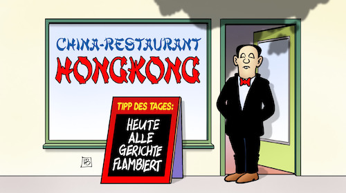 Cartoon: Hongkong flambiert (medium) by Harm Bengen tagged hongkong,flambiert,flambieren,china,restaurant,feuer,rauch,unruhen,proteste,chaos,harm,bengen,cartoon,karikatur,hongkong,flambiert,flambieren,china,restaurant,feuer,rauch,unruhen,proteste,chaos,harm,bengen,cartoon,karikatur