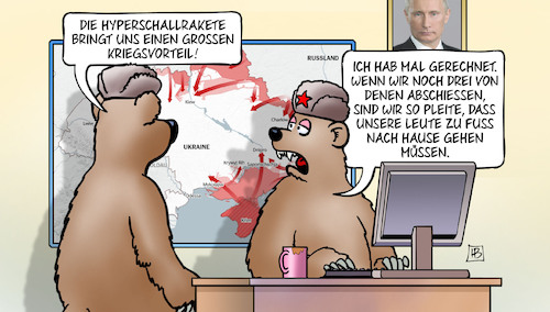 Cartoon: Hyperschallrakete (medium) by Harm Bengen tagged hyperschallrakete,kriegsvorteil,pleite,kosten,bären,russland,ukraine,krieg,angriff,harm,bengen,cartoon,karikatur,hyperschallrakete,kriegsvorteil,pleite,kosten,bären,russland,ukraine,krieg,angriff,harm,bengen,cartoon,karikatur