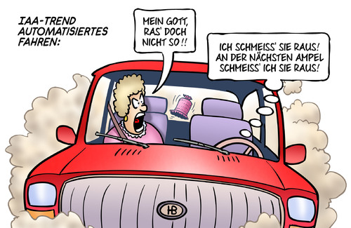 Cartoon: IAA-Trend (medium) by Harm Bengen tagged iaa,automobilausstellung,frankfurt,trend,automatisiertes,fahren,selbstfahrende,autos,kfz,harm,bengen,cartoon,karikatur,iaa,automobilausstellung,frankfurt,trend,automatisiertes,fahren,selbstfahrende,autos,kfz,harm,bengen,cartoon,karikatur