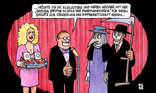 Cartoon: Impfbereitschaft (medium) by Harm Bengen tagged impfbereitschaft,impfen,schweinegrippe,h1n1,pharmaindustrie,angst,hysterie,pest,tod,ehrung,spritze,medaille,verleihung,impfbereitschaft,impfen,schweinegrippe,h1n1,pharmaindustrie,angst,hysterie,pest,tod,ehrung,spritze,medaille,verleihung,gesundheit,grippe,impfung