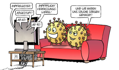 Cartoon: Impfpflicht-Debatte (medium) by Harm Bengen tagged impfregister,abgestuft,impfpflicht,verfassungswidrig,tv,viren,bundestag,abstimmung,freude,corona,harm,bengen,cartoon,karikatur,impfregister,abgestuft,impfpflicht,verfassungswidrig,tv,viren,bundestag,abstimmung,freude,corona,harm,bengen,cartoon,karikatur