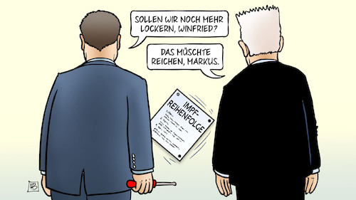 Cartoon: Impfreihenfolge lockern (medium) by Harm Bengen tagged impfreihenfolge,lockern,lockerungen,kretschmann,söder,ministerpräsidenten,corona,harm,bengen,cartoon,karikatur,impfreihenfolge,lockern,lockerungen,kretschmann,söder,ministerpräsidenten,corona,harm,bengen,cartoon,karikatur