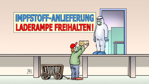 Cartoon: Impfstoff-Anlieferung (medium) by Harm Bengen tagged anlieferung,rampe,bollerwgen,leiterwagen,impfen,impfzentrum,impfpass,impfstopp,impfstoff,lieferschwierigkeiten,lieferkette,schutzanzug,engpass,maske,corona,harm,bengen,cartoon,karikatur,anlieferung,rampe,bollerwgen,leiterwagen,impfen,impfzentrum,impfpass,impfstopp,impfstoff,lieferschwierigkeiten,lieferkette,schutzanzug,engpass,maske,corona,harm,bengen,cartoon,karikatur