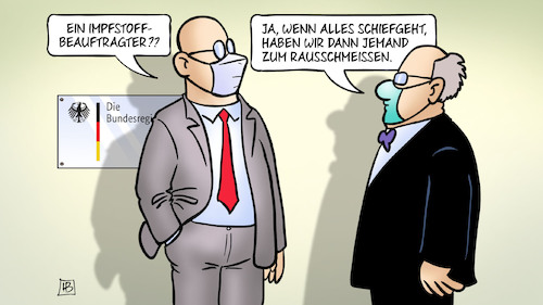 Cartoon: Impfstoff-Beauftragter (medium) by Harm Bengen tagged impfstoff,beauftragter,corona,masken,bundesregierung,rausschmeissen,suendenbock,harm,bengen,cartoon,karikatur,impfstoff,beauftragter,corona,masken,bundesregierung,rausschmeissen,suendenbock,harm,bengen,cartoon,karikatur