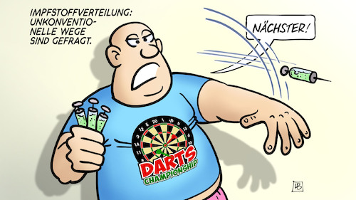 Cartoon: Impfstoffverteilung (medium) by Harm Bengen tagged impfstoffverteilung,unkonventionelle,wege,impfung,darts,spieler,wurfpfeile,spritzen,corona,harm,bengen,cartoon,karikatur,impfstoffverteilung,unkonventionelle,wege,impfung,darts,spieler,wurfpfeile,spritzen,corona,harm,bengen,cartoon,karikatur