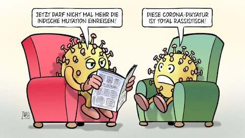 Cartoon: Indische Mutation (medium) by Harm Bengen tagged indische,mutation,einreisen,einreisestopp,hochrisikogebiet,corona,diktatur,rassistisch,virus,viren,sessel,harm,bengen,cartoon,karikatur,indische,mutation,einreisen,einreisestopp,hochrisikogebiet,corona,diktatur,rassistisch,virus,viren,sessel,harm,bengen,cartoon,karikatur