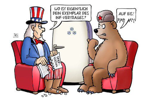 Cartoon: INF-Vertrag auf Eis (medium) by Harm Bengen tagged exemplar,auf,eis,inf,vertrag,kündigung,uncle,sam,bär,kühlschrank,usa,nato,russland,abrüstung,wettrüsten,harm,bengen,cartoon,karikatur,exemplar,auf,eis,inf,vertrag,kündigung,uncle,sam,bär,kühlschrank,usa,nato,russland,abrüstung,wettrüsten,harm,bengen,cartoon,karikatur