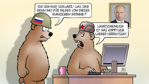 Cartoon: Iranische Drohnen (medium) by Harm Bengen tagged schwarz,bilder,iranische,drohnen,iran,kopftuch,verrutscht,baeren,putin,computer,stahlhelm,krieg,ukraine,russland,harm,bengen,cartoon,karikatur,schwarz,bilder,iranische,drohnen,iran,kopftuch,verrutscht,baeren,putin,computer,stahlhelm,krieg,ukraine,russland,harm,bengen,cartoon,karikatur