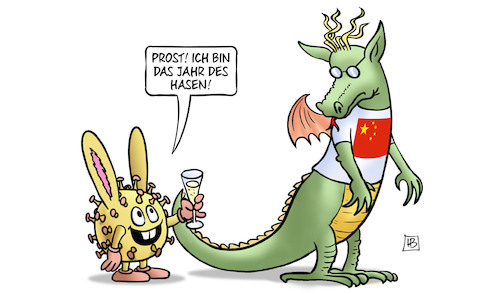 Cartoon: Jahr des Hasen (medium) by Harm Bengen tagged jahr,des,hasen,china,covid,corona,virus,drache,neujahrsfest,sekt,harm,bengen,cartoon,karikatur,jahr,des,hasen,china,covid,corona,virus,drache,neujahrsfest,sekt,harm,bengen,cartoon,karikatur