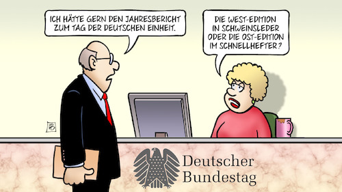 Cartoon: Jahresbericht Dt. Einheit (medium) by Harm Bengen tagged jahresbericht,tag,deutschen,einheit,brd,ddr,west,edition,schweinsleder,ost,schnellhefter,bundestag,rezeption,tresen,harm,bengen,cartoon,karikatur,jahresbericht,tag,deutschen,einheit,brd,ddr,west,edition,schweinsleder,ost,schnellhefter,bundestag,rezeption,tresen,harm,bengen,cartoon,karikatur