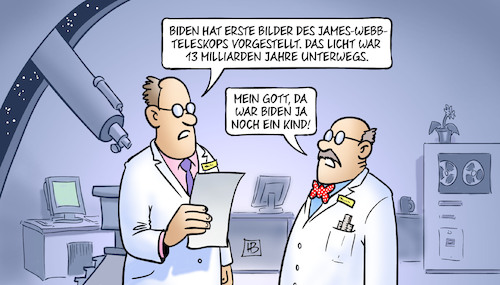 Cartoon: James-Webb-Teleskop (medium) by Harm Bengen tagged biden,erste,bilder,james,webb,weltraumteleskop,lichtgeschwindigkeit,astronomen,wissenschaftler,kind,alter,harm,bengen,cartoon,karikatur,biden,erste,bilder,james,webb,weltraumteleskop,lichtgeschwindigkeit,astronomen,wissenschaftler,kind,alter,harm,bengen,cartoon,karikatur