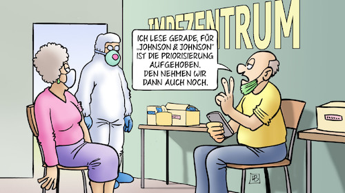 Cartoon: Johnson und Johnson (medium) by Harm Bengen tagged johnson,priorisierung,aufgehoben,impfzentrum,impfstoff,handy,alter,harm,bengen,cartoon,karikatur,johnson,priorisierung,aufgehoben,impfzentrum,impfstoff,handy,alter,harm,bengen,cartoon,karikatur