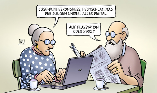 Cartoon: Jusos und JU digital (medium) by Harm Bengen tagged jusos,bundeskongress,deutschlandtag,jungen,union,digital,ju,spd,cdu,jugendorganisationen,playstation,xbox,computer,susemil,laptop,harm,bengen,cartoon,karikatur,jusos,bundeskongress,deutschlandtag,jungen,union,digital,ju,spd,cdu,jugendorganisationen,playstation,xbox,computer,susemil,laptop,harm,bengen,cartoon,karikatur