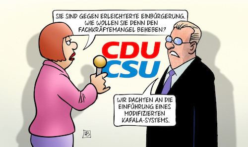 Cartoon: Kafala-System (medium) by Harm Bengen tagged erleichterte,einbürgerung,fachkräftemangel,kafala,system,interview,cdu,csu,katar,arbeiter,sklaven,harm,bengen,cartoon,karikatur,erleichterte,einbürgerung,fachkräftemangel,kafala,system,interview,cdu,csu,katar,arbeiter,sklaven,harm,bengen,cartoon,karikatur