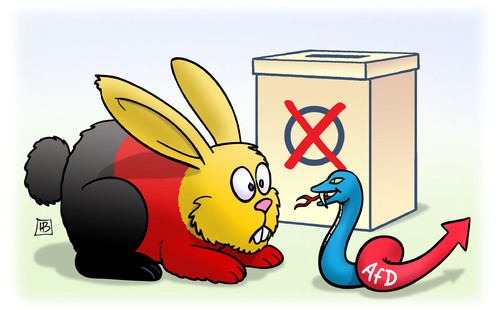 Cartoon: Kaninchen starrt auf Schlange (medium) by Harm Bengen tagged kaninchen,starren,schlange,afd,partei,landtagswahlen,rechtsradikal,angst,laehmung,deutschland,harm,bengen,cartoon,karikatur,kaninchen,starren,schlange,afd,partei,landtagswahlen,rechtsradikal,angst,laehmung,deutschland,harm,bengen,cartoon,karikatur