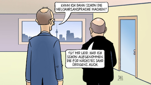 Cartoon: Kanzleransprache (medium) by Harm Bengen tagged kanzleransprache,bundeskanzler,neujahrsansprache,neuwahlen,scholz,merz,berlin,ungeduld,spd,union,cdu,harm,bengen,cartoon,karikatur,kanzleransprache,bundeskanzler,neujahrsansprache,neuwahlen,scholz,merz,berlin,ungeduld,spd,union,cdu,harm,bengen,cartoon,karikatur