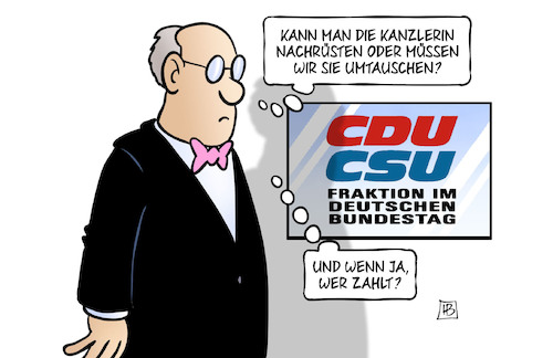 Cartoon: Kanzlerinnen-Umtausch (medium) by Harm Bengen tagged kanzlerin,cdu,csu,fraktion,nachrüsten,umtauschen,kosten,umtauschprämie,software,updates,scheuer,diesel,umrüstungen,automobilindustrie,abgasskandal,harm,bengen,cartoon,karikatur,kanzlerin,cdu,csu,fraktion,nachrüsten,umtauschen,kosten,umtauschprämie,software,updates,scheuer,diesel,umrüstungen,automobilindustrie,abgasskandal,harm,bengen,cartoon,karikatur