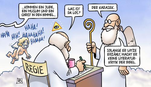 Cartoon: Karasek (medium) by Harm Bengen tagged witz,jude,muslim,christ,himmel,gott,petrus,hellmuth,karasek,witze,tot,tod,literaturkritiker,bibel,harm,bengen,cartoon,karikatur,witz,jude,muslim,christ,himmel,gott,petrus,hellmuth,karasek,witze,tot,tod,literaturkritiker,bibel,harm,bengen,cartoon,karikatur