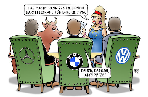 Cartoon: Kartellstrafe BMW VW (medium) by Harm Bengen tagged 875,millionen,kartellstrafe,abgasskandal,diesel,bmw,vw,daimler,petze,europa,stier,kommisiion,verfahren,harm,bengen,cartoon,karikatur,875,millionen,kartellstrafe,abgasskandal,diesel,bmw,vw,daimler,petze,europa,stier,kommisiion,verfahren,harm,bengen,cartoon,karikatur