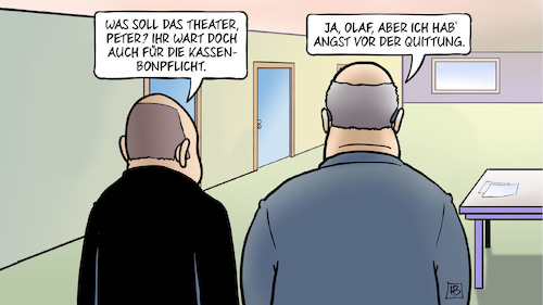 Cartoon: Kassenbon und Quittung (medium) by Harm Bengen tagged theater,peter,altmaier,kassenbonpflicht,olaf,scholz,angst,quittung,harm,bengen,cartoon,karikatur,theater,peter,altmaier,kassenbonpflicht,olaf,scholz,angst,quittung,harm,bengen,cartoon,karikatur