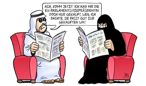 Cartoon: Katar-Einkäufe (medium) by Harm Bengen tagged gekaufte,wm,fussball,weltmeisterschaft,eifersucht,parlamentsvizepräsidentin,katar,eu,europa,korrution,bestechung,geld,kaili,harm,bengen,cartoon,karikatur,gekaufte,wm,fussball,weltmeisterschaft,eifersucht,parlamentsvizepräsidentin,katar,eu,europa,korrution,bestechung,geld,kaili,harm,bengen,cartoon,karikatur