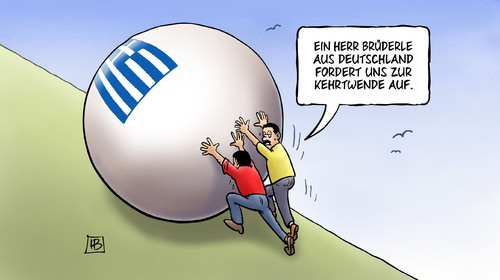 Cartoon: Kehrtwende (medium) by Harm Bengen tagged troika,ezb,eu,iwf,imf,internationaler,währungsfonds,international,monetary,fund,griechenland,geld,euro,eurokrise,schulden,rettungsschirme,esm,esfs,hilfe,hilfsgelder,pleite,bankrott,staatsbankrott,staatshaushalt,brüderle,sisyphos,sisyphus