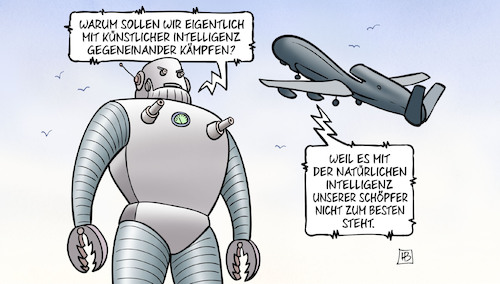 Cartoon: Killerrobots (medium) by Harm Bengen tagged künstliche,intelligenz,ki,kämpfen,militär,killer,roboter,drohnen,schöpfer,krieg,autonome,waffen,harm,bengen,cartoon,karikatur,künstliche,intelligenz,ki,kämpfen,militär,killer,roboter,drohnen,schöpfer,krieg,autonome,waffen,harm,bengen,cartoon,karikatur