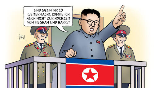 Cartoon: Kim-Absage (medium) by Harm Bengen tagged kim,jong,un,nordkorea,usa,absage,militärmanöver,treffen,trump,hochzeit,meghan,harry,royals,england,harm,bengen,cartoon,karikatur,kim,jong,un,nordkorea,usa,absage,militärmanöver,treffen,trump,hochzeit,meghan,harry,royals,england,harm,bengen,cartoon,karikatur