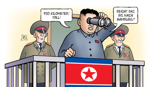 Cartoon: Kim Interkontinental (medium) by Harm Bengen tagged 930,kilometer,kim,jong,un,interkontinental,raketentest,hamburg,fernglas,nordkorea,usa,g20,harm,bengen,cartoon,karikatur,930,kilometer,kim,jong,un,interkontinental,raketentest,hamburg,fernglas,nordkorea,usa,g20,harm,bengen,cartoon,karikatur