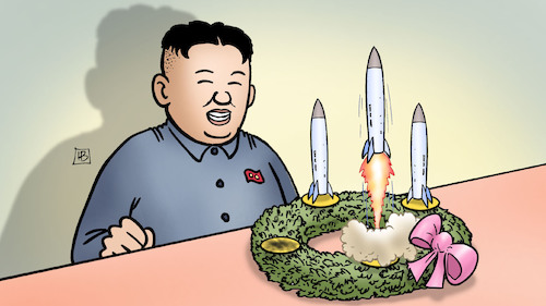 Cartoon: Kims Adventskranz (medium) by Harm Bengen tagged kims,jong,un,adventskranz,raketentests,weihnachten,harm,bengen,cartoon,karikatur,kims,jong,un,adventskranz,raketentests,weihnachten,harm,bengen,cartoon,karikatur