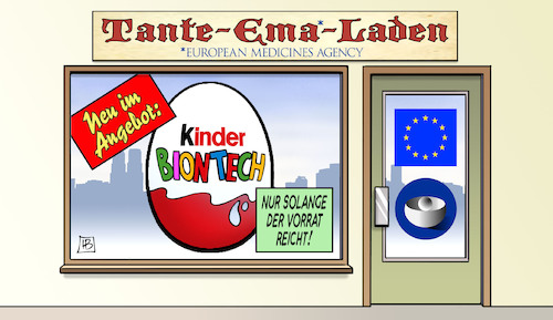 Cartoon: Kinder-Biontech (medium) by Harm Bengen tagged angebot,laden,schaufenster,ema,eu,tante,biontech,impfgipfel,kinder,jugendliche,impfen,corona,harm,bengen,cartoon,karikatur,angebot,laden,schaufenster,ema,eu,tante,biontech,impfgipfel,kinder,jugendliche,impfen,corona,harm,bengen,cartoon,karikatur