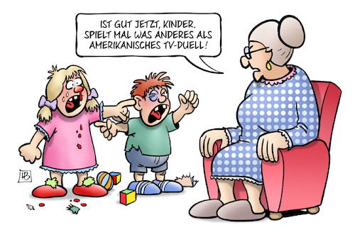 Cartoon: Kinder-TV-Duell (medium) by Harm Bengen tagged susemil,enkel,kinder,streit,tv,duell,trump,biden,usa,wahl,fernsehen,harm,bengen,cartoon,karikatur,susemil,enkel,kinder,streit,tv,duell,trump,biden,usa,wahl,fernsehen,harm,bengen,cartoon,karikatur