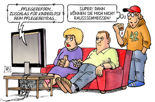 Cartoon: Kinderlose und Pflege (medium) by Harm Bengen tagged pflegereform,zuschlag,kinderlose,pflegebeitrag,raussschmeissen,jugendliche,tv,eltern,harm,bengen,cartoon,karikatur,pflegereform,zuschlag,kinderlose,pflegebeitrag,raussschmeissen,jugendliche,tv,eltern,harm,bengen,cartoon,karikatur