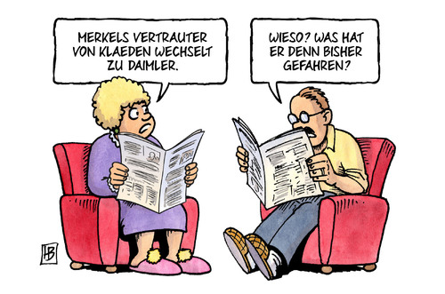 Cartoon: Klaeden-Wechsel (medium) by Harm Bengen tagged daimler,staatsminister,klaeden,bundeskanzlerin,vertrauter,merkel,merceds,lobby,lobbyist,auto,harm,merkel,vertrauter,bundeskanzlerin,klaeden,staatsminister,daimler,merceds,lobby,lobbyist,auto,harm