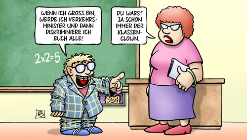 Cartoon: Klassen-Clown (medium) by Harm Bengen tagged verkehrsminister,klassenclown,clown,schule,tafel,lehrerin,diskriminierung,dobrindt,maut,pkw,kfz,rechnen,csu,harm,bengen,cartoon,karikatur,verkehrsminister,klassenclown,clown,schule,tafel,lehrerin,diskriminierung,dobrindt,maut,pkw,kfz,rechnen,csu,harm,bengen,cartoon,karikatur