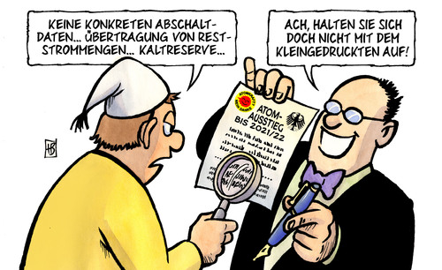 Cartoon: Kleingedrucktes (medium) by Harm Bengen tagged kleingedrucktes,vertrag,unterschreiben,unterschrift,lesen,akw,atom,atomausstieg,kernkraft,bundesregierung,vertrag,unterschreiben,unterschrift,lesen,akw,atom,atomausstieg,bundesregierung,kernkraft