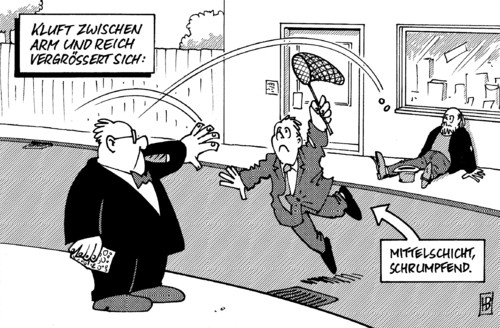 Cartoon: Kluft zwischen Arm und Reich (medium) by Harm Bengen tagged kluft,arm,reich,einkommensschere,entwicklung,diw,armut,reichtum,mittelschicht,abrutschen,panik,status,abstieg,zigarre,betteln,hut,schmetterlingsnetz,fangen