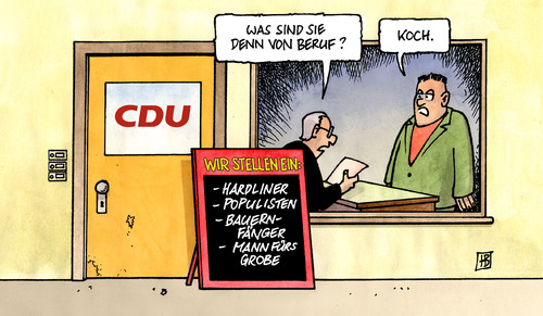 Cartoon: Koch-Nachfolge (medium) by Harm Bengen tagged roland,koch,nachfolge,hessen,bouffier,mappus,tillich,merkel,cdu,hardliner,populist,bauernfaenger,ruecktritt,konservativ,profil,zugpferd,einstellung,arbeit,suche,roland koch,nachfolge,hessen,bouffier,mappus,angela merkel,cdu,hardliner,populist,bauernfänger,rücktritt,konservativ,roland,koch,angela,merkel