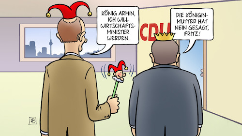 Cartoon: König und Narr (medium) by Harm Bengen tagged könig,narr,hofnarr,armin,wirtschaftsminister,königinmutter,nein,abfuhr,fritz,merkel,cdu,parteitag,merz,laschet,parteichef,chef,harm,bengen,cartoon,karikatur,könig,narr,hofnarr,armin,wirtschaftsminister,königinmutter,nein,abfuhr,fritz,merkel,cdu,parteitag,merz,laschet,parteichef,chef,harm,bengen,cartoon,karikatur