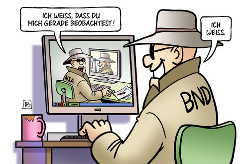 Cartoon: Kommunikation unter Freunden (medium) by Harm Bengen tagged geheimdienst,bnd,nsa,abhören,spitzel,monitor,harm,bengen,cartoon,karikatur,geheimdienst,bnd,nsa,abhören,spitzel,monitor,harm,bengen,cartoon,karikatur