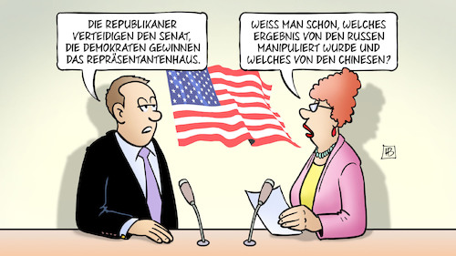 Cartoon: Kongresswahlen (medium) by Harm Bengen tagged kongresswahlen,republikaner,senat,demokraten,repräsentantenhaus,ergebnis,russen,manipuliert,manipulation,chinesen,interview,experte,tv,midterms,harm,bengen,cartoon,karikatur,kongresswahlen,republikaner,senat,demokraten,repräsentantenhaus,ergebnis,russen,manipuliert,manipulation,chinesen,interview,experte,tv,midterms,harm,bengen,cartoon,karikatur