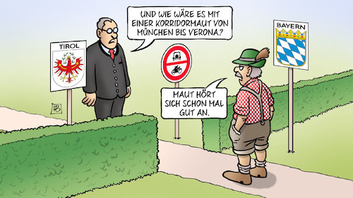 Cartoon: Korridormaut (medium) by Harm Bengen tagged korridormaut,münchen,verona,bayern,tirol,deutschland,österreich,italien,brenner,autoverkehr,maut,harm,bengen,cartoon,karikatur,korridormaut,münchen,verona,bayern,tirol,deutschland,österreich,italien,brenner,autoverkehr,maut,harm,bengen,cartoon,karikatur