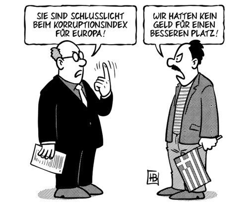 Cartoon: Korruptionsindex (medium) by Harm Bengen tagged korruptionsindex,europa,bestechung,griechenland,transparency,ranking,geld,schulden,euro,rettungspakete,harm,bengen,cartoon,karikatur