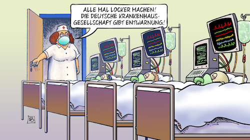 Cartoon: Krankenhaus-Entwarnung (medium) by Harm Bengen tagged lockerungen,corona,patienten,intensivstation,krankenschwester,deutsche,krankenhausgesellschaft,entwarnung,harm,bengen,cartoon,karikatur,lockerungen,corona,patienten,intensivstation,krankenschwester,deutsche,krankenhausgesellschaft,entwarnung,harm,bengen,cartoon,karikatur