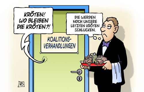 Cartoon: Kröten (medium) by Harm Bengen tagged koalitionsverhandlungen,schlucken,kröten,karikatur,cartoon,bengen,harm,koalition,grosse,spd,cdu,rot,schwarz,kröten,schlucken,koalitionsverhandlungen,schwarz,rot,cdu,spd,grosse,koalition,harm,bengen,cartoon,karikatur