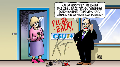 Cartoon: KT - Die Rückkehr (medium) by Harm Bengen tagged kt,rückkehr,guttenberg,freiherr,plagiat,betrug,doktor,doktorarbeit,comeback,buch,interview,csu,moodys,rating,ratingagenturen,rückkehr,guttenberg,freiherr,plagiat,doktor,doktorarbeit,comeback